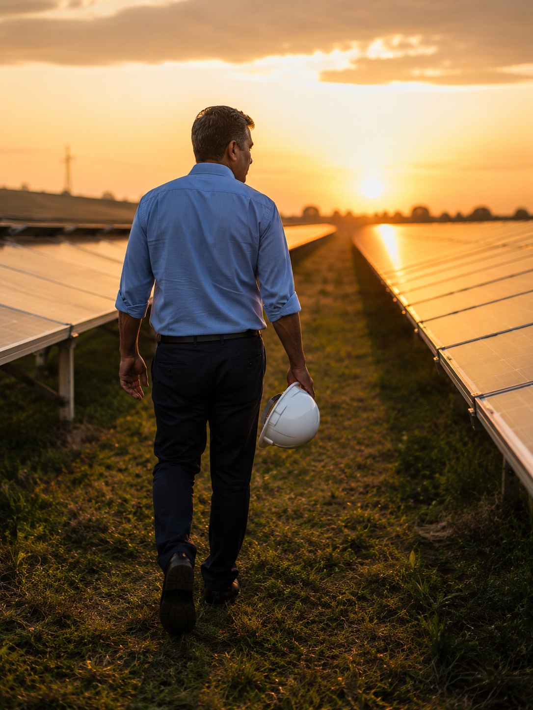 Plant manager walking his solar plant at sunset